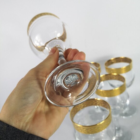 Vintage Italian Gold Rim Etched Hand Blown Crystal Stemmed Wine Glasses Set Of 6 - Picture 6 of 7